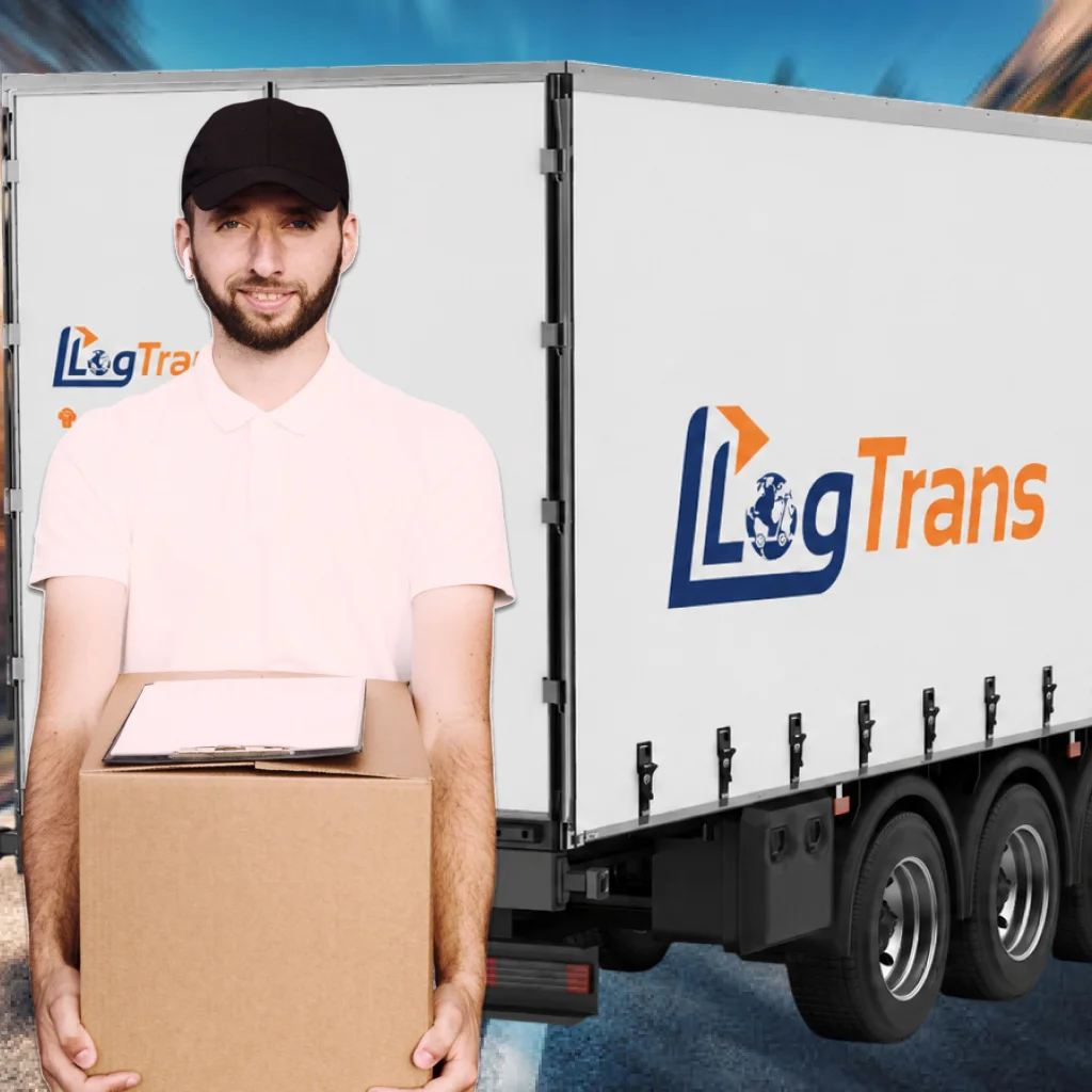 kurier na tle ciężarówki LogTrans